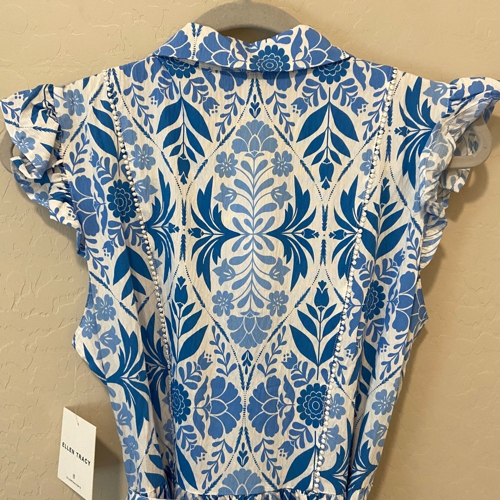 NWT Ellen Tracy Blue Vintage Floral Fit & Flare Dress Cap Sleeve Button Front M - Picture 5 of 16